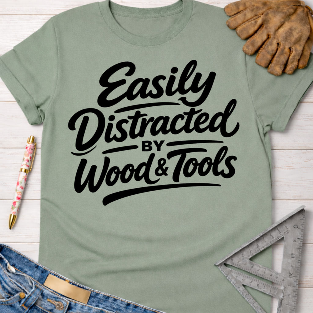 Women's funny woodworking graphic tee shirt for female woodworkers, makers, and DIY builders — Sawdust & Ponytails. Sage green cotton t-shirt with "Easily Distracted by Wood & Tools" in black script.