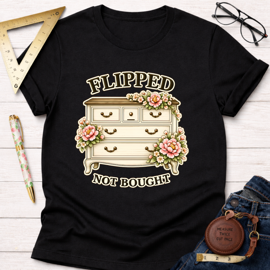 Black cotton t-shirt with "Flipped Not Bought" text and a vintage dresser adorned with pink flowers.
