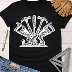 Women's funny woodworking graphic tee shirt for female woodworkers, makers, and DIY builders — Sawdust & Ponytails. Black cotton tee with white ornate floral tool design.