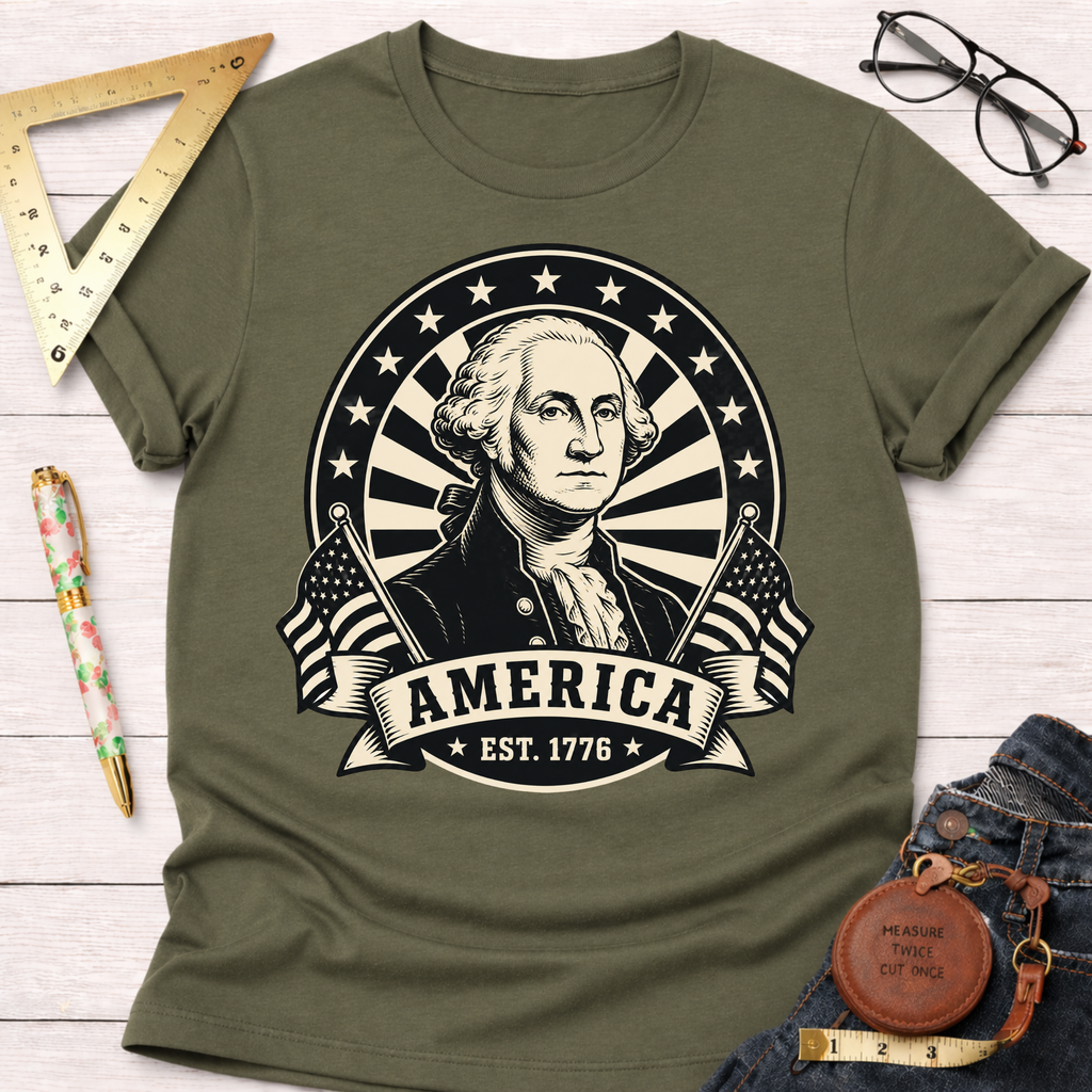Olive green t-shirt with a black and white George Washington portrait, "AMERICA EST. 1776" banner, and flags.