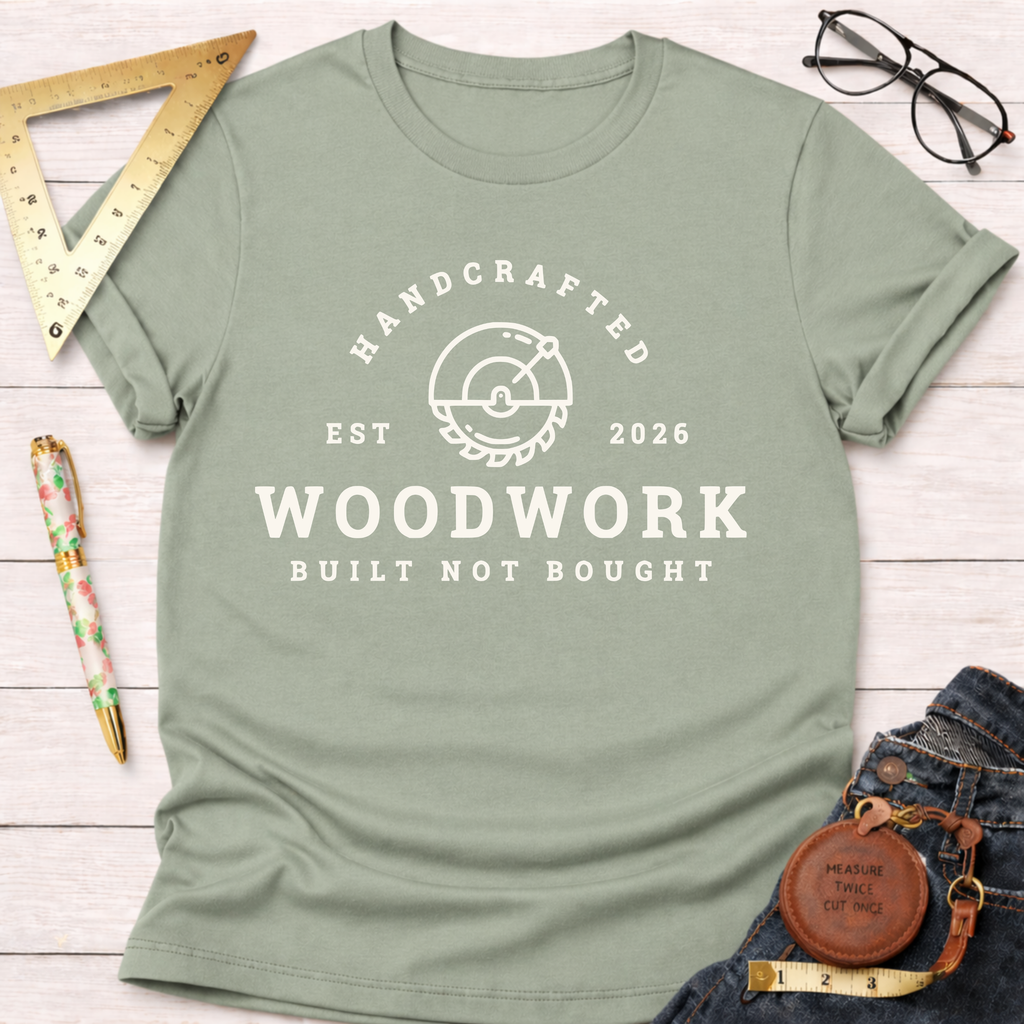 Sage green cotton t-shirt with "Handcrafted Woodwork Built Not Bought" graphic and saw blade logo.