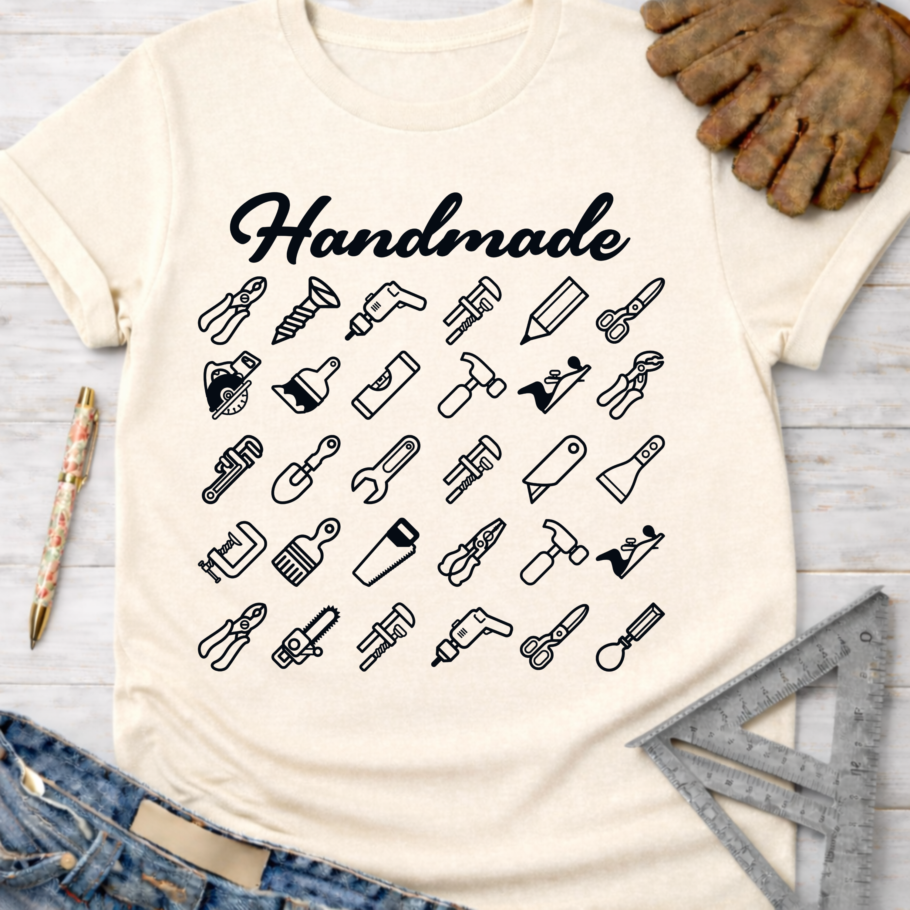 Women's funny woodworking graphic tee shirt for female woodworkers, makers, and DIY builders — Sawdust & Ponytails. Cream tee with "Handmade" and black tool icons.
