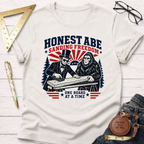 White cotton "Honest Abe Sanding Freedom" t-shirt with Abraham Lincoln and Bigfoot sanding wood.