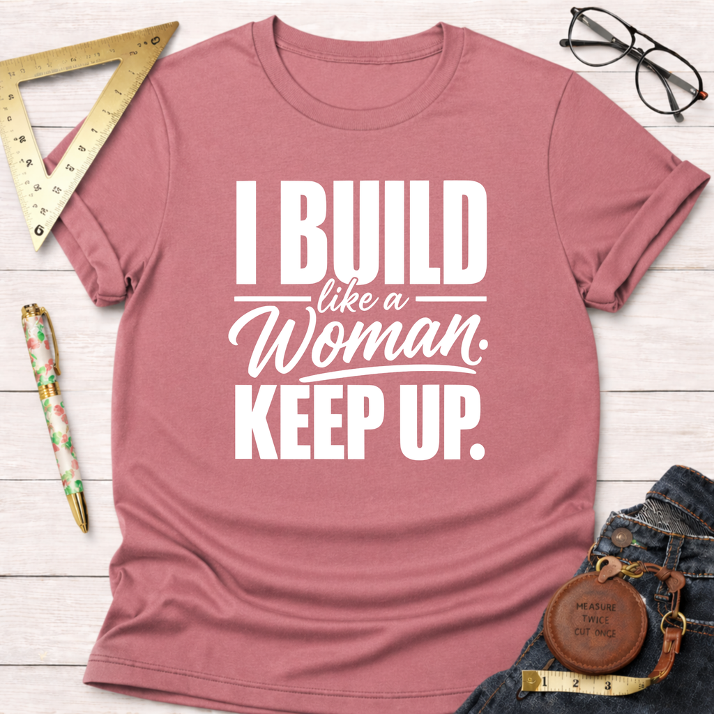 Pink short-sleeve t-shirt with "I BUILD like a Woman KEEP UP." in white text, styled on a white wood surface.