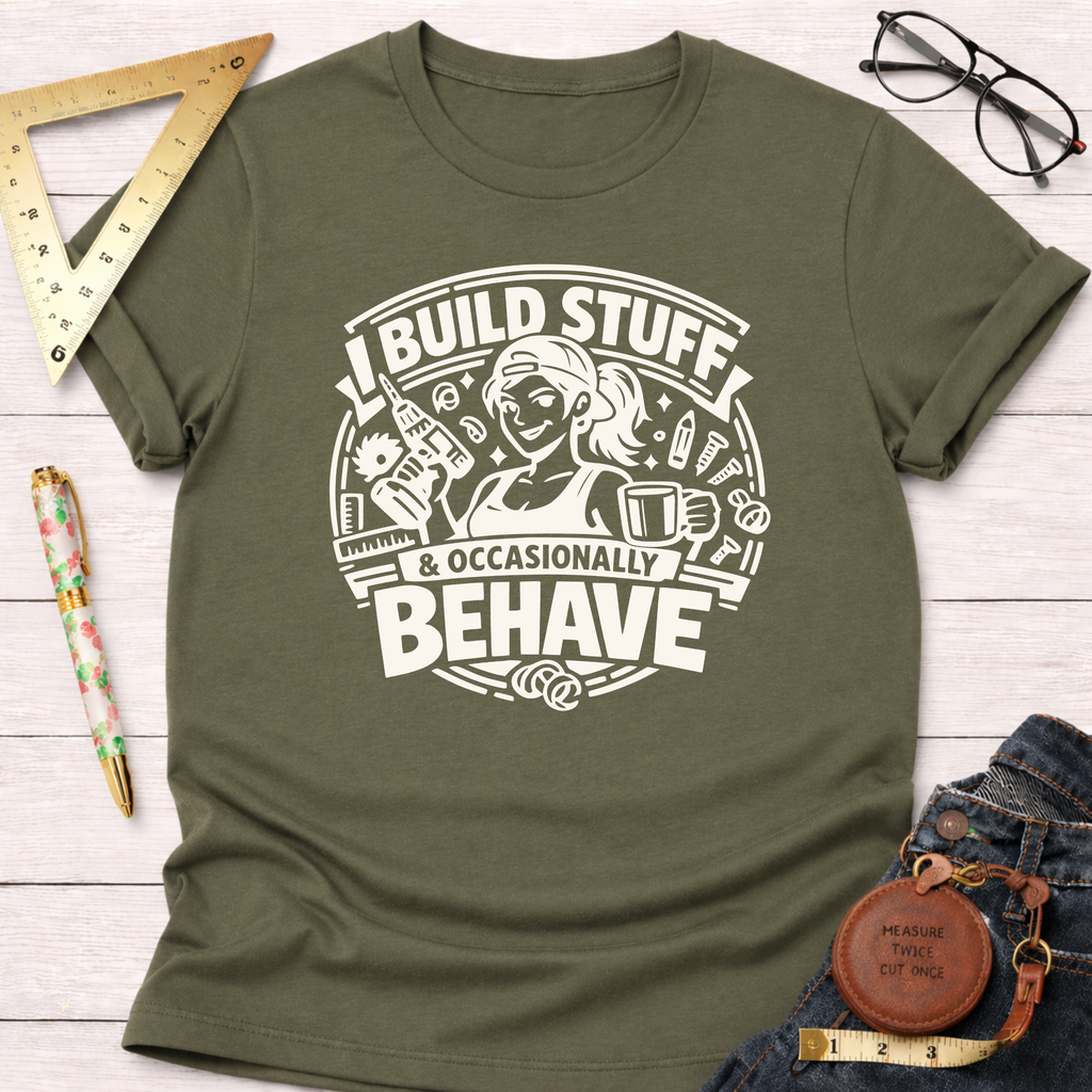 Olive green cotton t-shirt with "I Build Stuff & Occasionally Behave" graphic featuring a woman with tools.