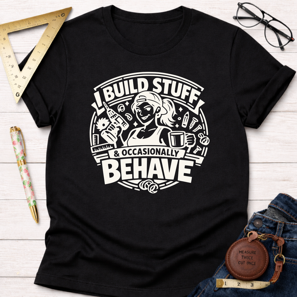 Black cotton t-shirt with "I Build Stuff & Occasionally Behave" graphic featuring a woman with a drill and coffee.