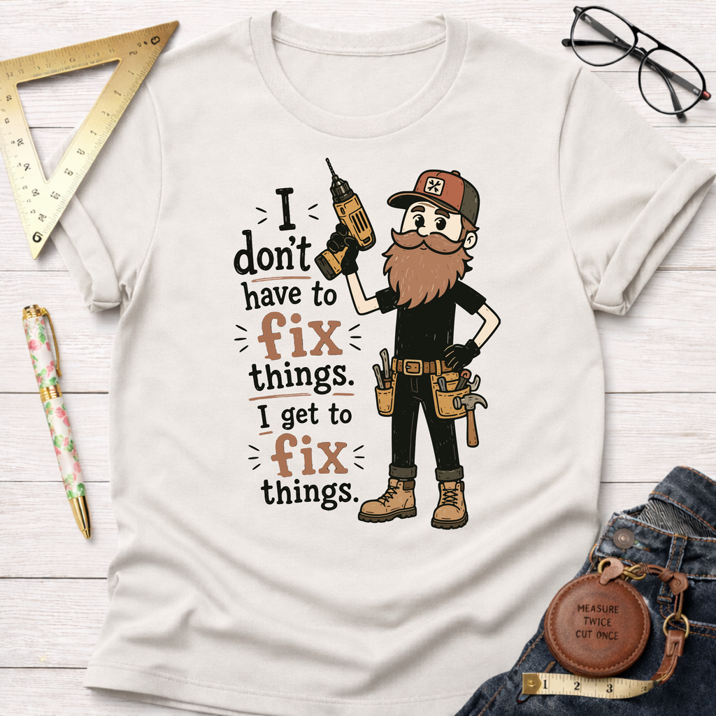 White cotton t-shirt with a cartoon handyman holding a drill and the text "I don't have to fix things. I get to fix things.
