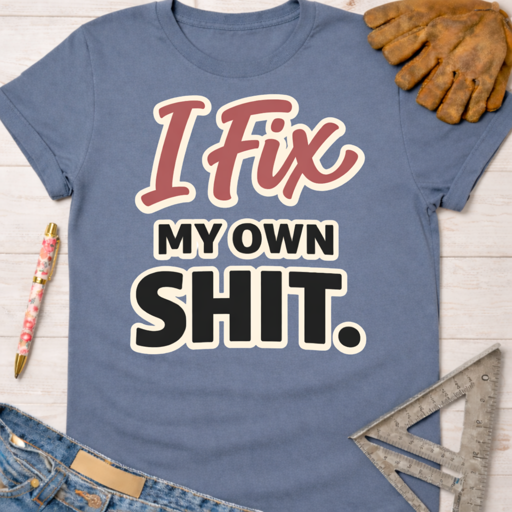 Women's funny woodworking graphic tee shirt for female woodworkers, makers, and DIY builders — Sawdust & Ponytails. Blue cotton tee with "I Fix My Own Shit" graphic.