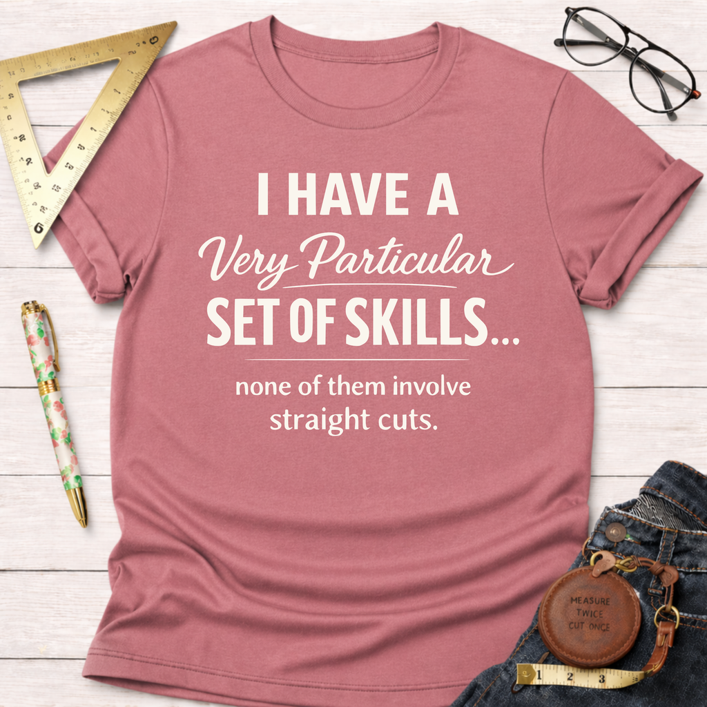 Heather mauve t-shirt with "I have a very particular set of skills... none of them involve straight cuts" text.