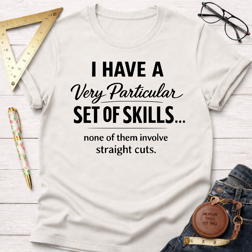 White cotton t-shirt with "I Have A Very Particular Set Of Skills... none of them involve straight cuts." text.