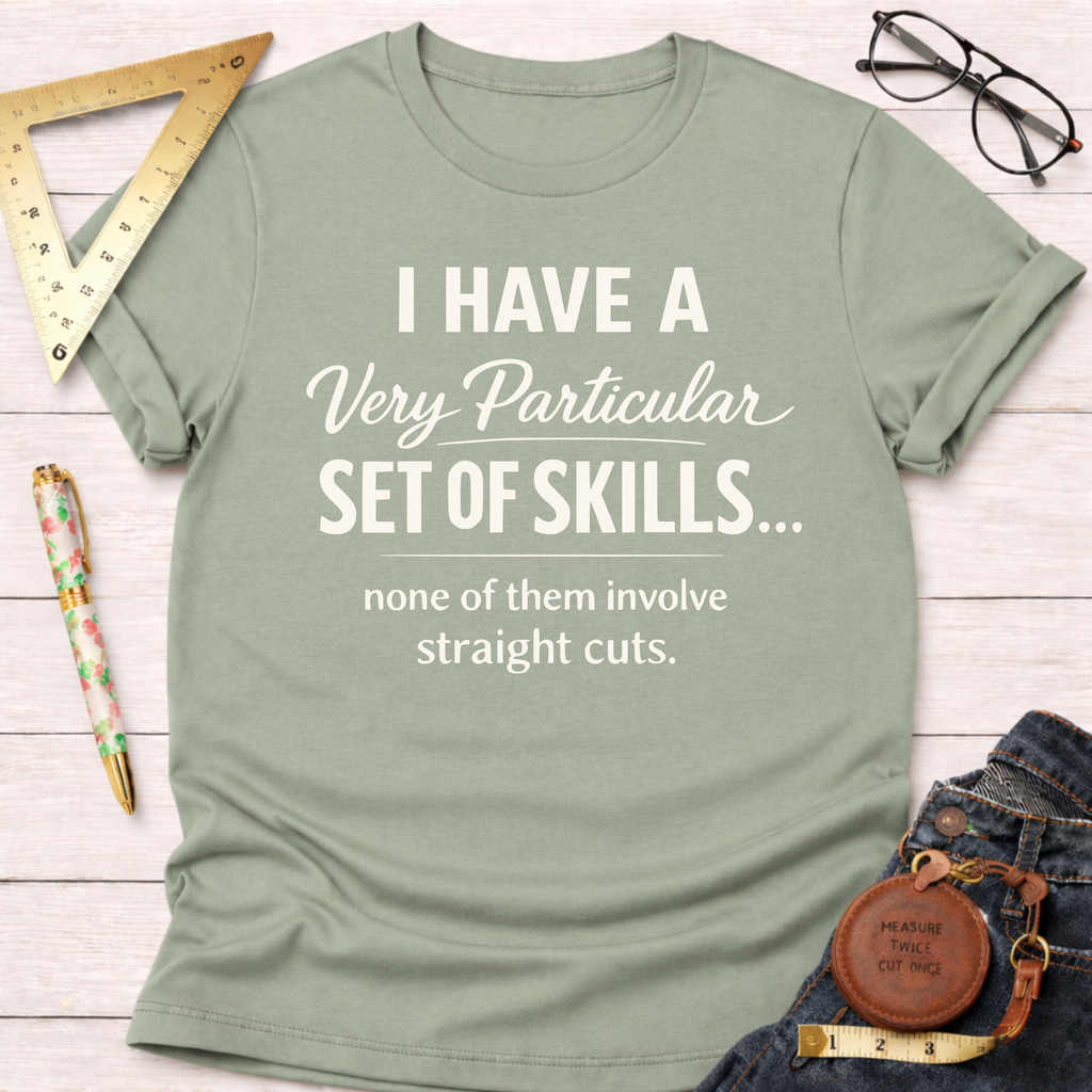 Sage green cotton t-shirt with "I Have A Very Particular Set Of Skills..." text in white.