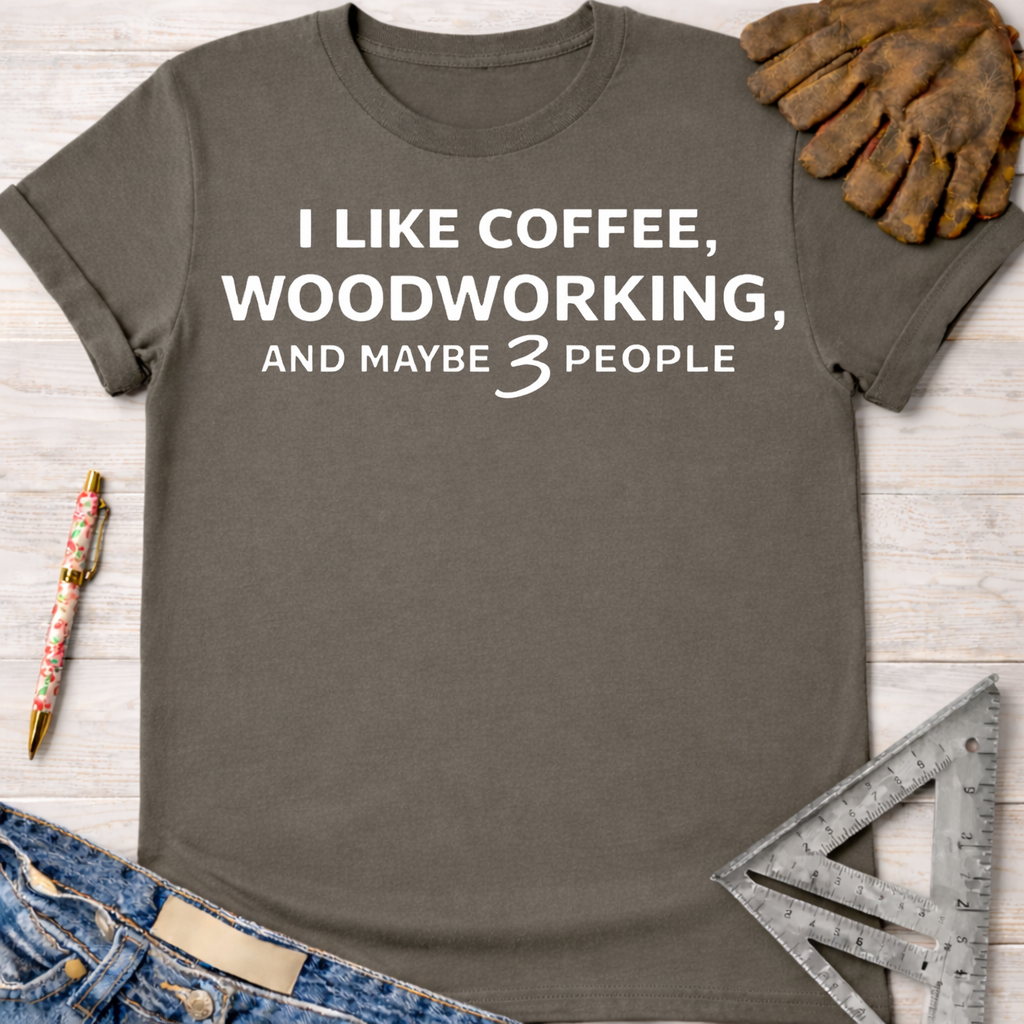 Women's funny woodworking graphic tee shirt for female woodworkers, makers, and DIY builders — Sawdust & Ponytails. Dark gray t-shirt with "I LIKE COFFEE, WOODWORKING, AND MAYBE 3 PEOPLE" in white text.
