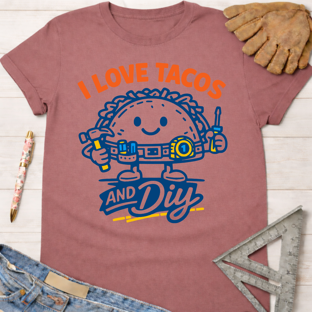 Women's funny woodworking graphic tee shirt for female woodworkers, makers, and DIY builders — Sawdust & Ponytails. Mauve short-sleeve tee with "I Love Tacos and DIY" graphic featuring a happy taco holding tools.