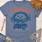 Women's funny woodworking graphic tee shirt for female woodworkers, makers, and DIY builders — Sawdust & Ponytails. Blue tee with "I Love Tacos and DIY" graphic featuring a taco with tools.