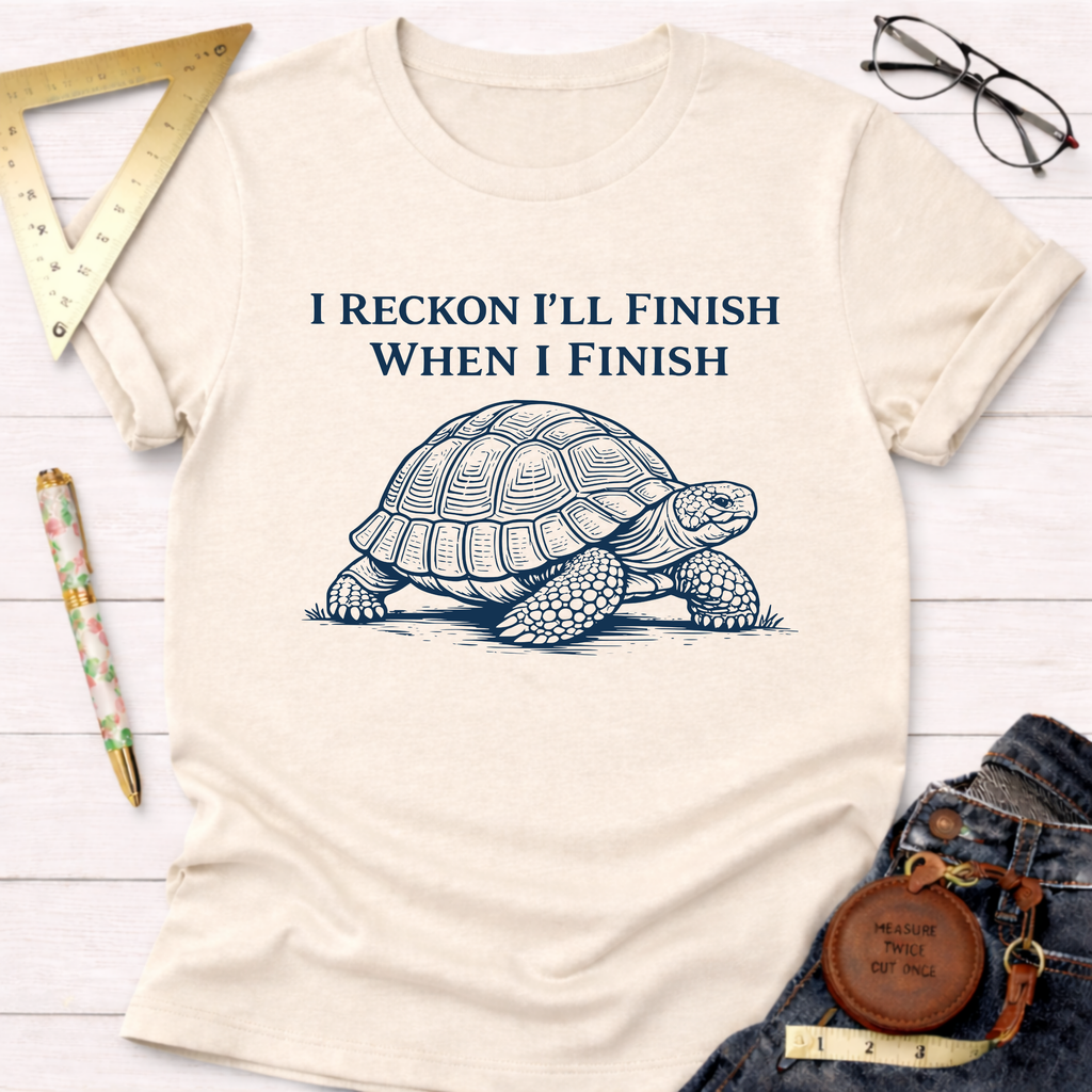 Women's funny woodworking graphic tee shirt for female woodworkers, makers, and DIY builders — Sawdust & Ponytails. Cream t-shirt with a blue turtle and "I Reckon I'll Finish When I Finish" text.