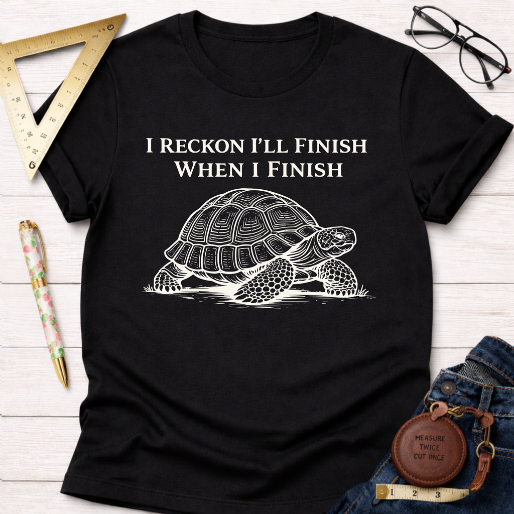 Women's funny woodworking graphic tee shirt for female woodworkers, makers, and DIY builders — Sawdust & Ponytails. Black cotton tee with white "I Reckon I'll Finish When I Finish" text and turtle graphic.