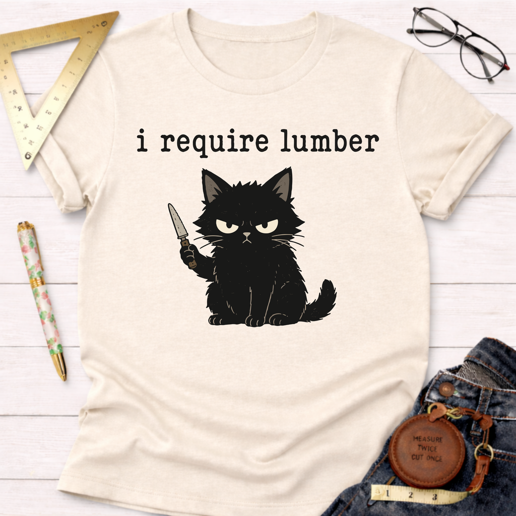 Cream cotton t-shirt with an angry black cat holding a knife and "i require lumber" text.