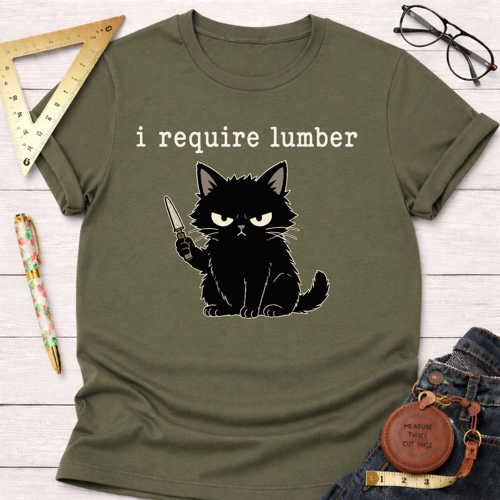 Olive green t-shirt with an angry black cat holding a knife and "i require lumber" text.