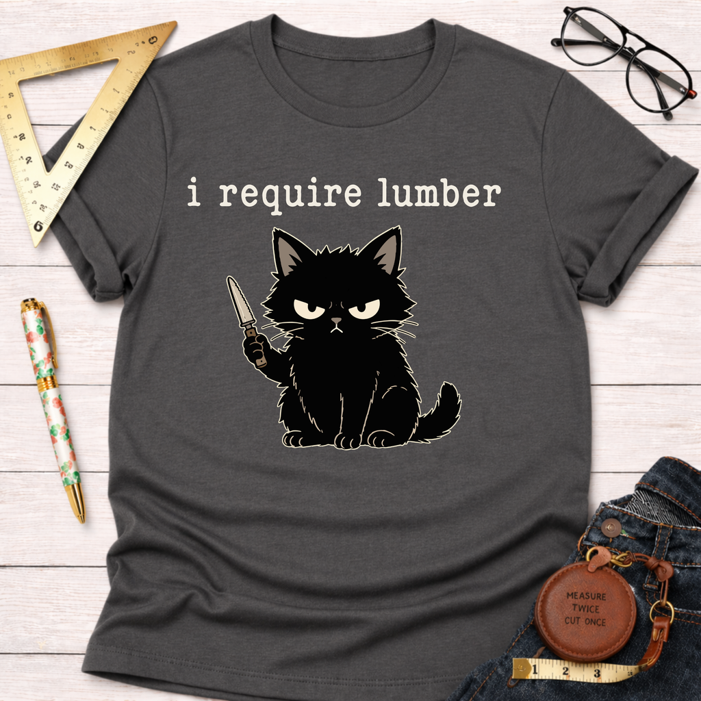 Dark gray cotton t-shirt with an angry black cat holding a knife and "i require lumber" text.