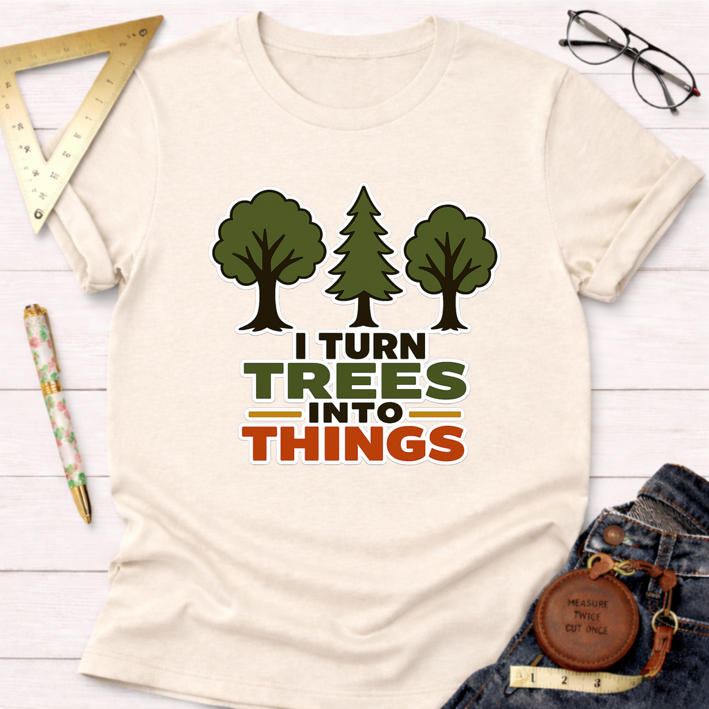 Cream t-shirt with "I Turn Trees Into Things" graphic and three green trees, styled with jeans and tools.