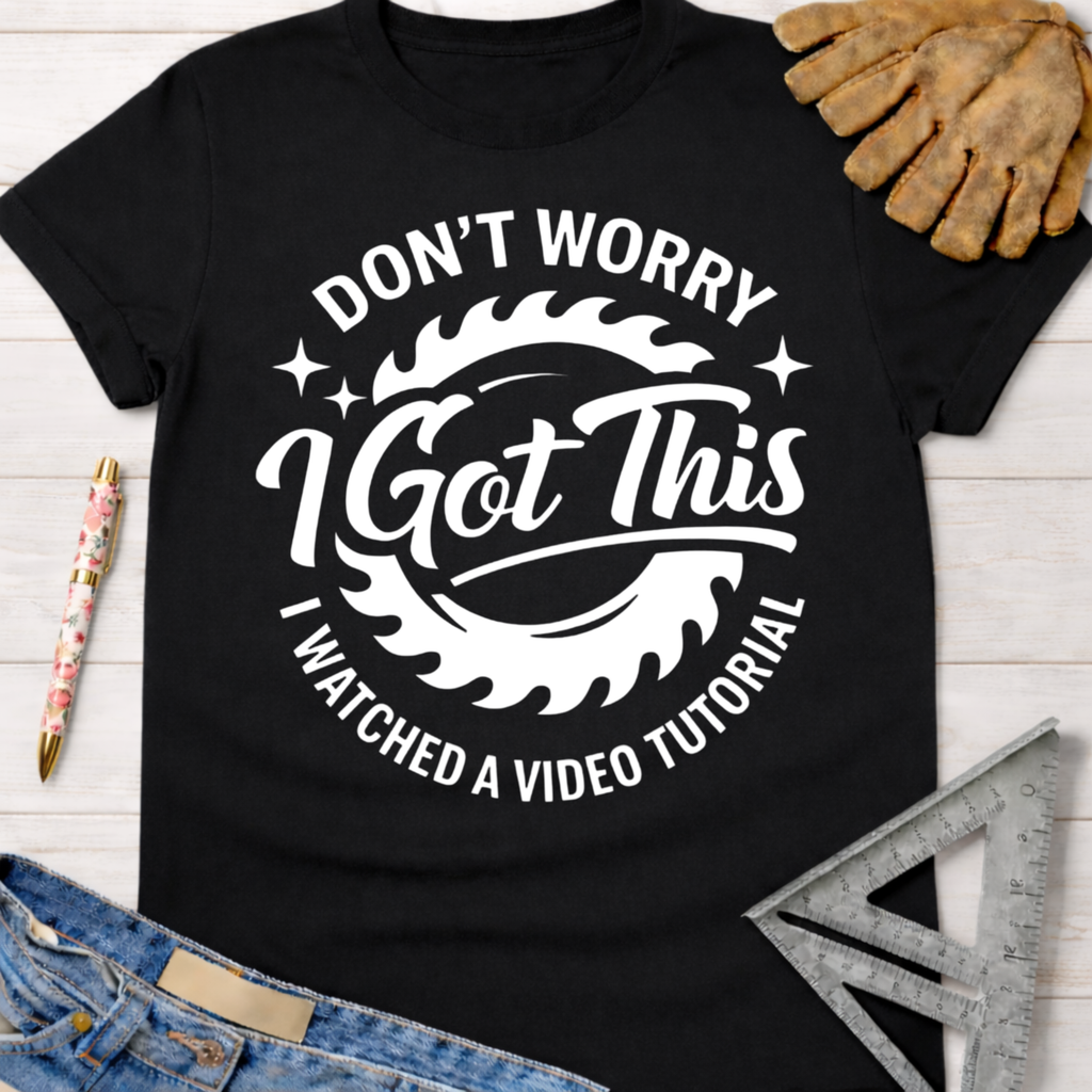 Women's funny woodworking graphic tee shirt for female woodworkers, makers, and DIY builders — Sawdust & Ponytails. Black cotton short-sleeve tee with white "Don't Worry I Got This I Watched A Video Tutorial" graphic.