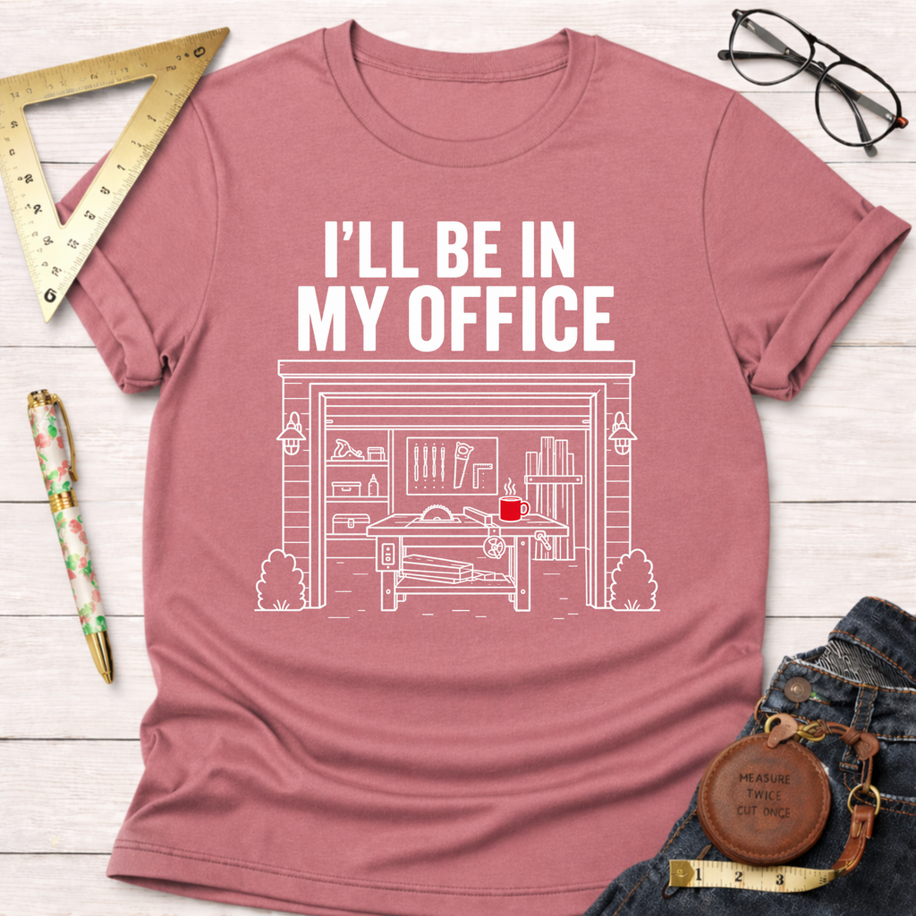 Pink cotton t-shirt with "I'll Be In My Office" text and a white line drawing of a garage workshop.