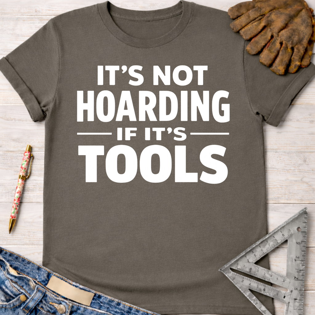 Women's funny woodworking graphic tee shirt for female woodworkers, makers, and DIY builders — Sawdust & Ponytails. Dark gray short-sleeve tee with "It's Not Hoarding If It's Tools" in white text.