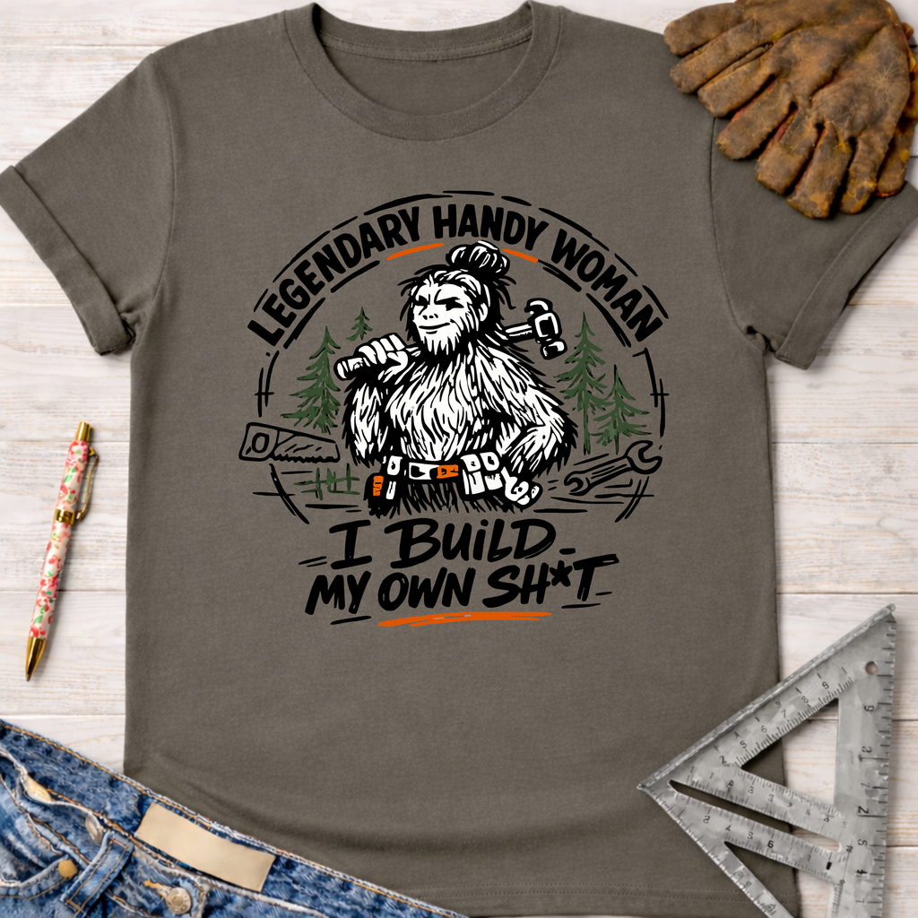 Charcoal gray cotton tee with "Legendary Handy Woman I Build My Own Sh*t" Bigfoot graphic. Women's funny woodworking graphic tee shirt for female woodworkers, makers, and DIY builders — Sawdust & Ponytails