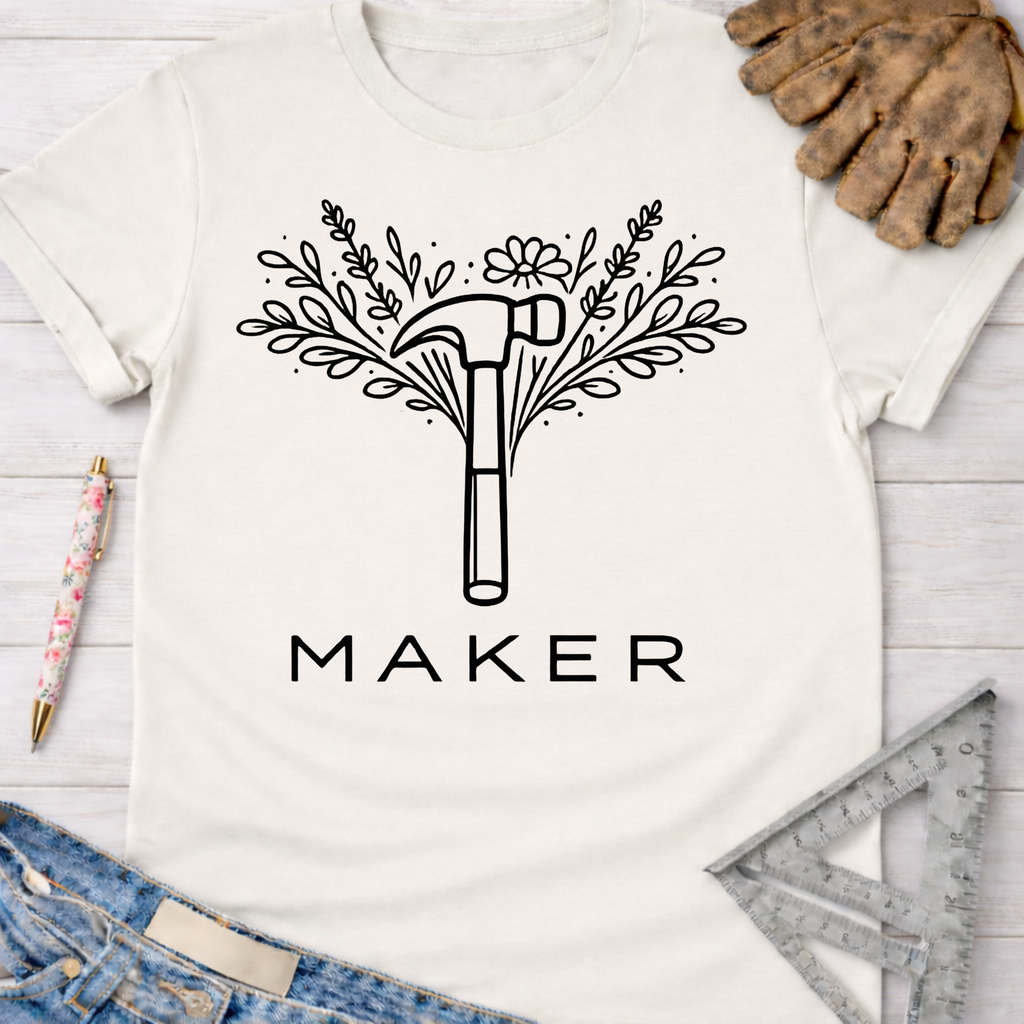 White cotton Maker Floral Hammer T-shirt for women, with black graphic, jeans, work glove, and ruler.