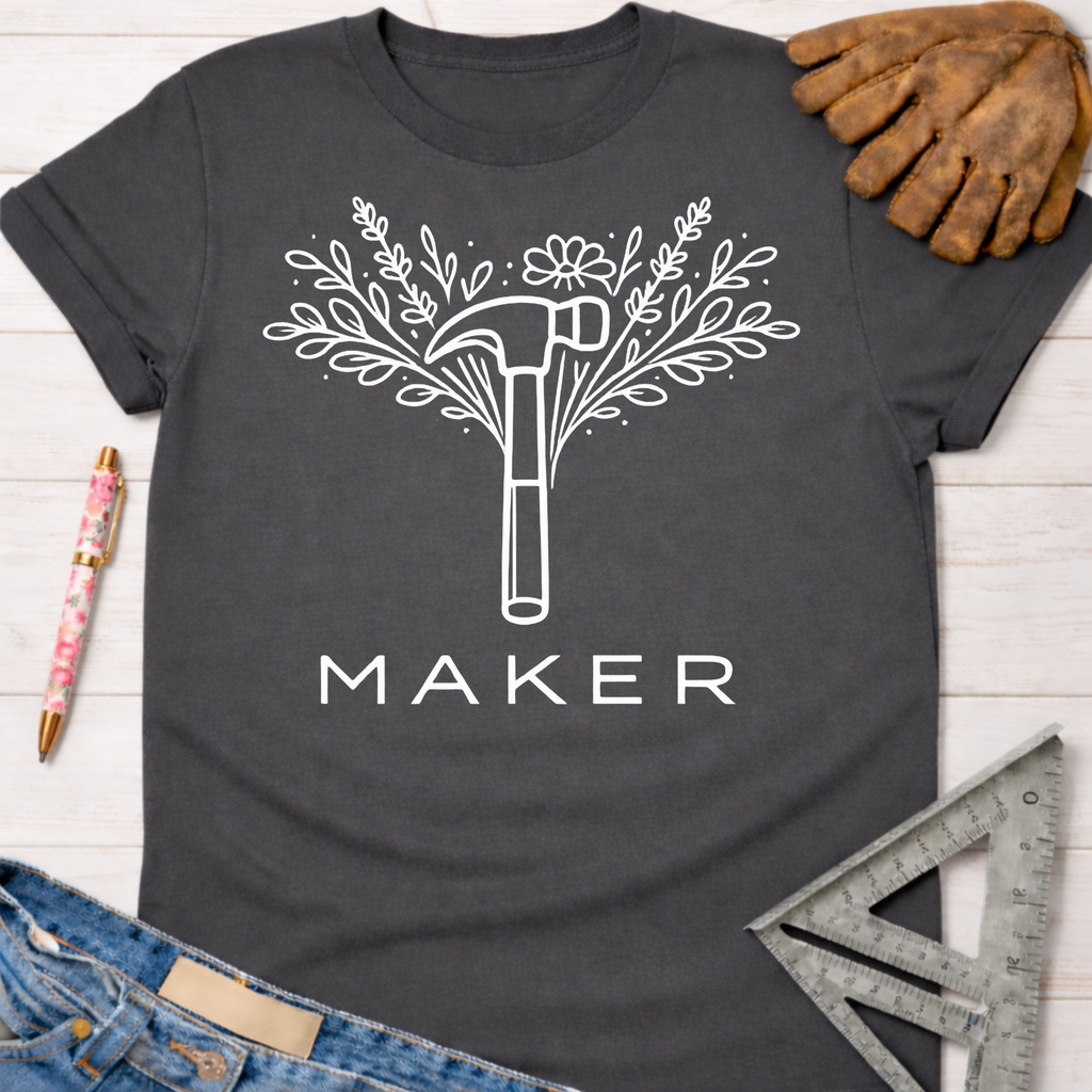 Charcoal gray Maker Floral Hammer T-shirt with white graphic, women's funny woodworking graphic tee shirt for female woodworkers, makers, and DIY builders — Sawdust & Ponytails