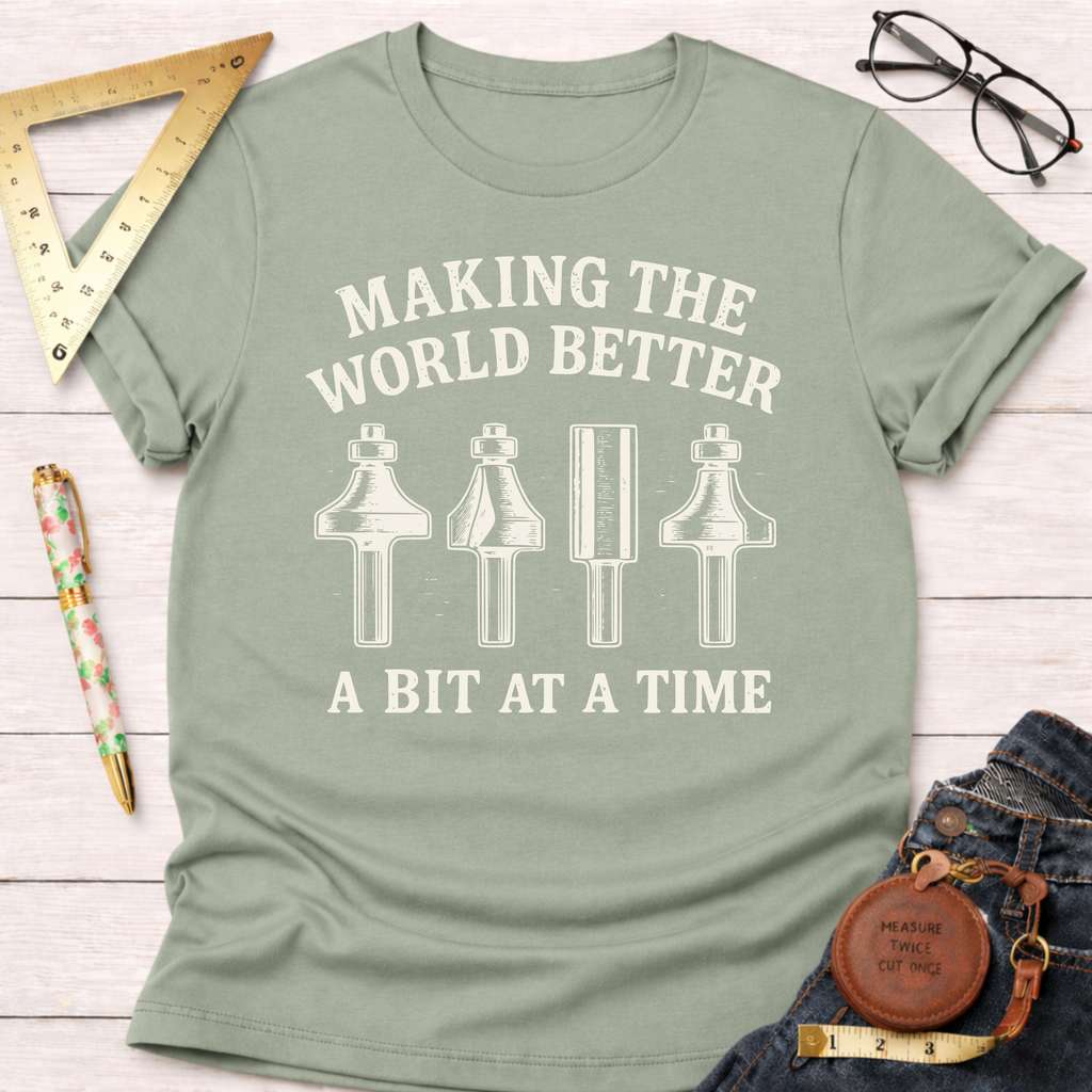 Women's funny woodworking graphic tee shirt for female woodworkers, makers, and DIY builders — Sawdust & Ponytails. Sage green cotton tee with "Making The World Better A Bit At A Time" text and router bit graphics.