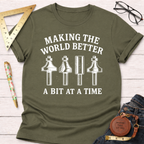 Women's funny woodworking graphic tee shirt for female woodworkers, makers, and DIY builders — Sawdust & Ponytails. Olive green cotton tee with "Making The World Better A Bit At A Time" and router bit graphics.