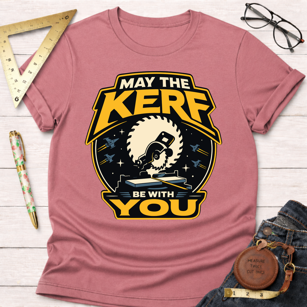 Pink cotton t-shirt with "May The Kerf Be With You" graphic featuring a circular saw and spaceships.