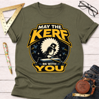 Olive green cotton t-shirt with "May The Kerf Be With You" graphic featuring a circular saw cutting wood.