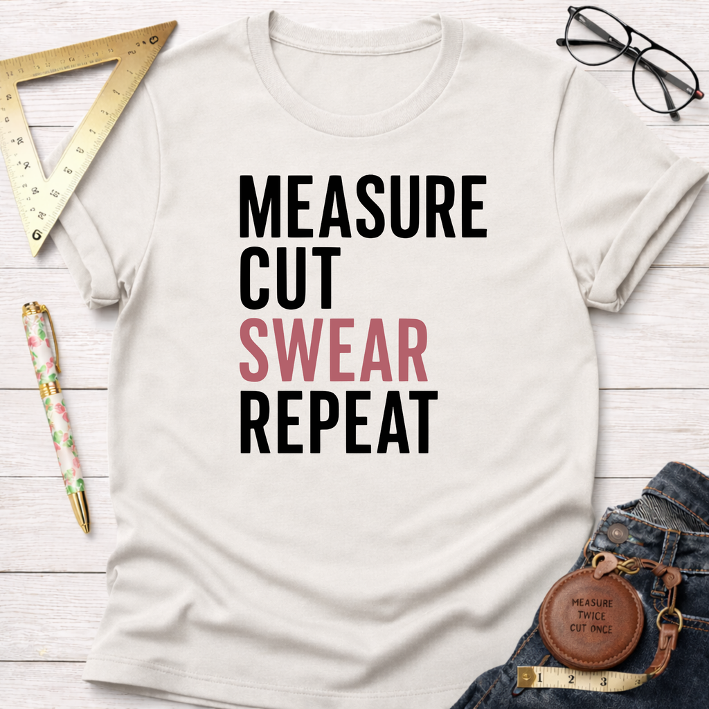 Off-white cotton t-shirt with "MEASURE CUT SWEAR REPEAT" graphic, surrounded by woodworking tools.