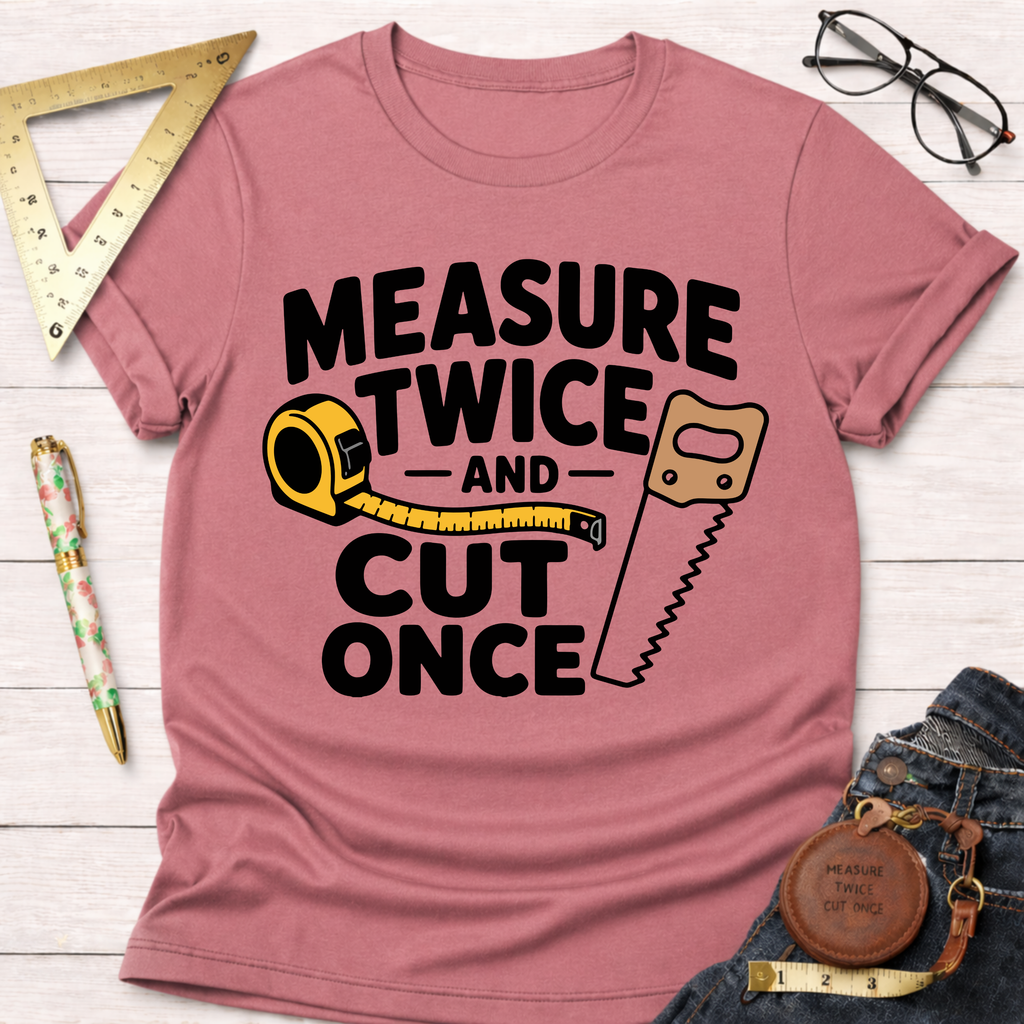 Pink heather t-shirt with "Measure Twice And Cut Once" graphic, tape measure, and saw design.