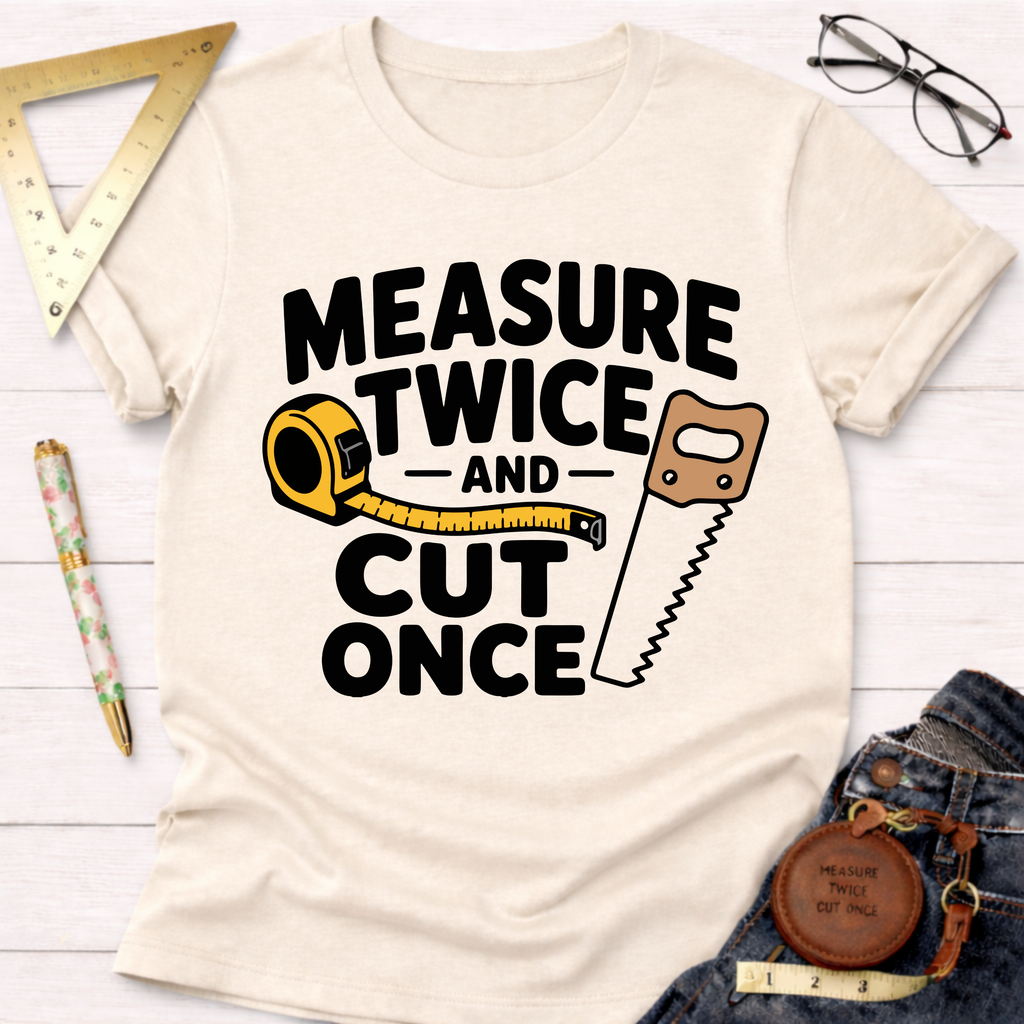 Cream t-shirt with "Measure Twice And Cut Once" graphic, featuring a tape measure and hand saw.