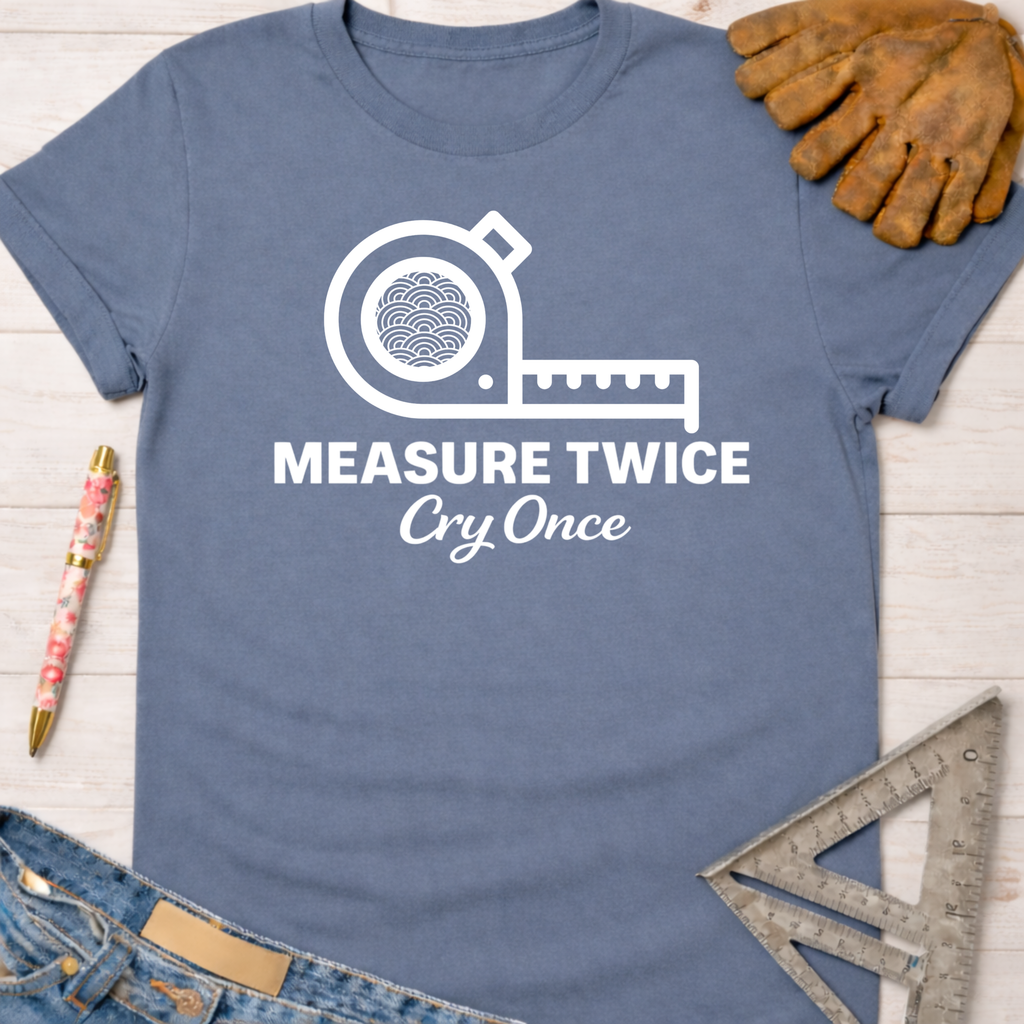 Women's funny woodworking graphic tee shirt for female woodworkers, makers, and DIY builders — Sawdust & Ponytails. Blue cotton tee with white "Measure Twice Cry Once" text and tape measure graphic.