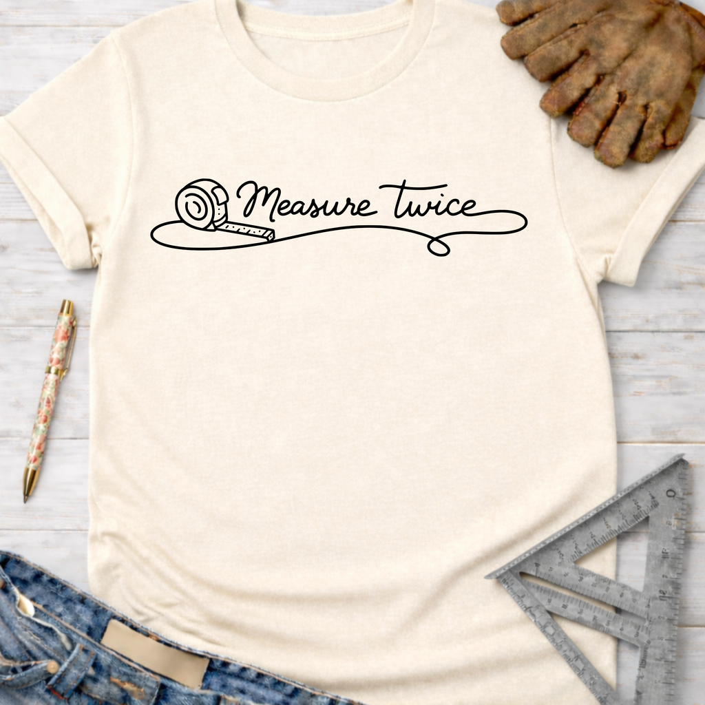 Women's funny woodworking graphic tee shirt for female woodworkers, makers, and DIY builders — Sawdust & Ponytails. Cream t-shirt with "Measure Twice" tape measure line art.