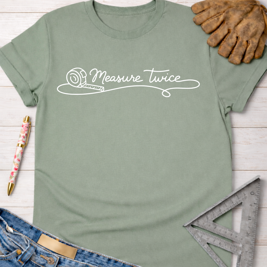 Women's funny woodworking graphic tee shirt for female woodworkers, makers, and DIY builders — Sawdust & Ponytails. Sage green t-shirt with "Measure Twice" text and tape measure line art.