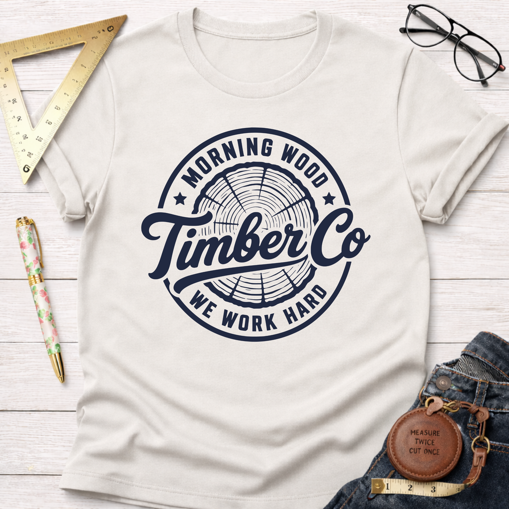 Morning Wood Timber Co. T-shirt, natural white cotton, with a dark blue circular logo featuring a tree ring graphic.