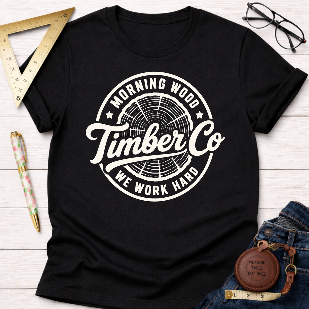 Black cotton t-shirt with "Morning Wood Timber Co. We Work Hard" logo featuring a tree ring graphic.