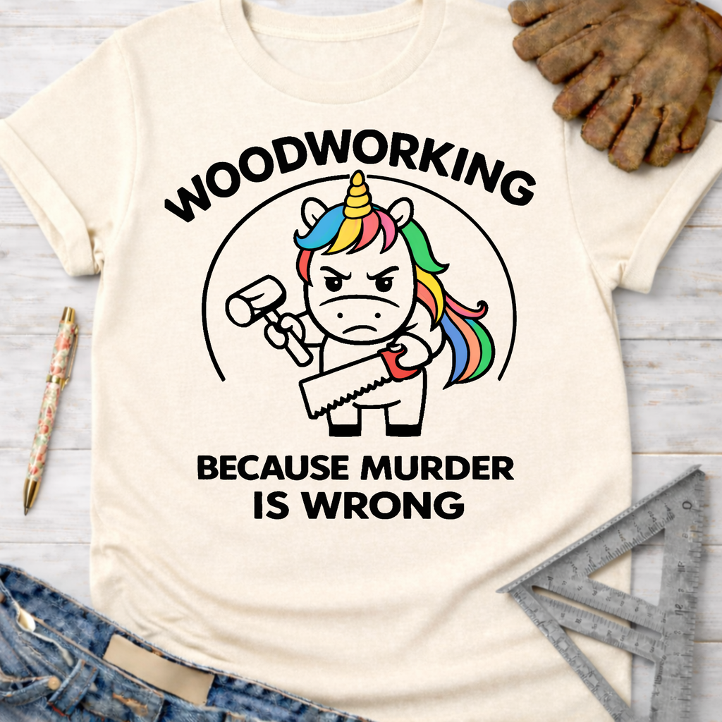 Women's funny woodworking graphic tee shirt for female woodworkers, makers, and DIY builders — Sawdust & Ponytails. Cream t-shirt with a "Woodworking Because Murder Is Wrong" graphic featuring an angry unicorn holding a hammer and saw.