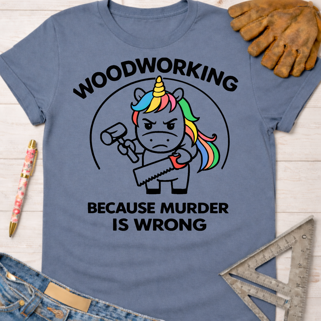 Women's funny woodworking graphic tee shirt for female woodworkers, makers, and DIY builders — Sawdust & Ponytails. Blue cotton tee with a "Woodworking Because Murder Is Wrong" graphic featuring an angry unicorn holding a hammer and saw.