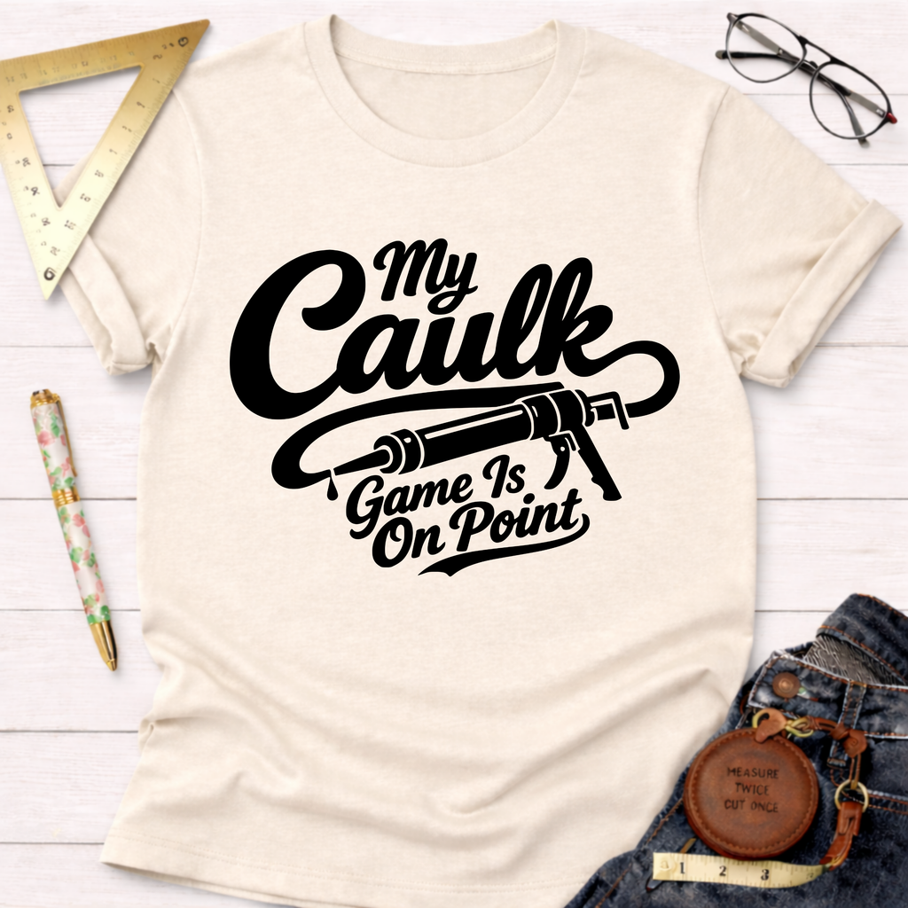 Cream "My Caulk Game Is On Point" t-shirt with black text and a caulk gun graphic, styled with jeans and tools.