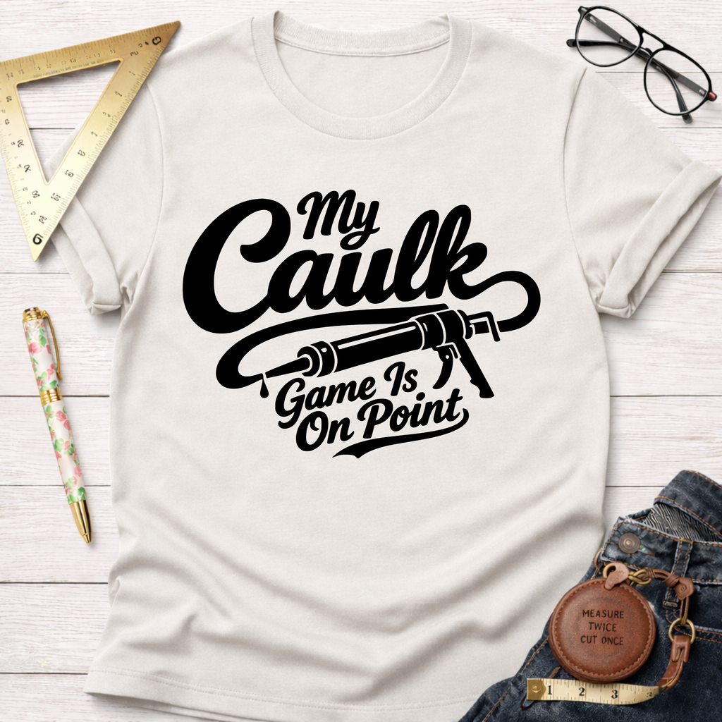 White cotton "My Caulk Game Is On Point" t-shirt with a black caulk gun graphic, styled with jeans and tools.
