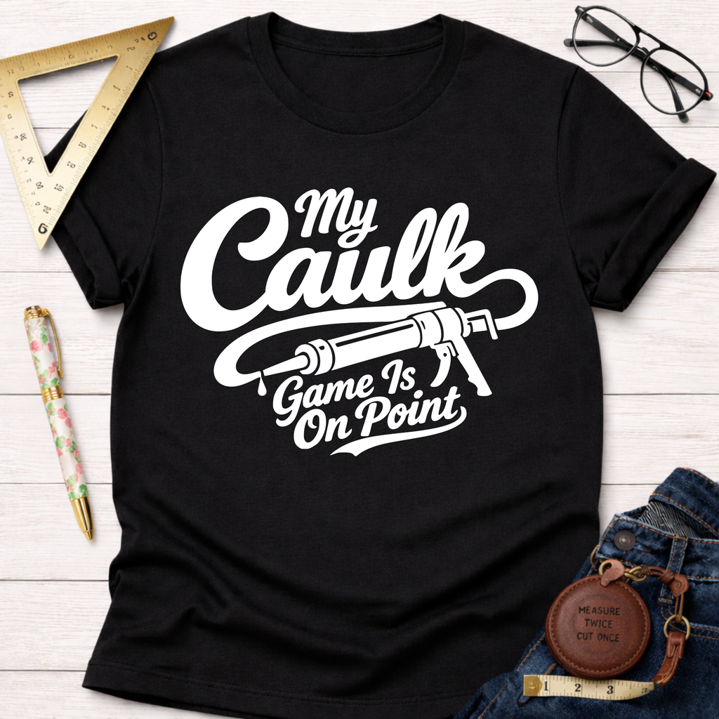 Black cotton "My Caulk Game Is On Point" t-shirt with a caulk gun graphic, displayed with carpentry tools.