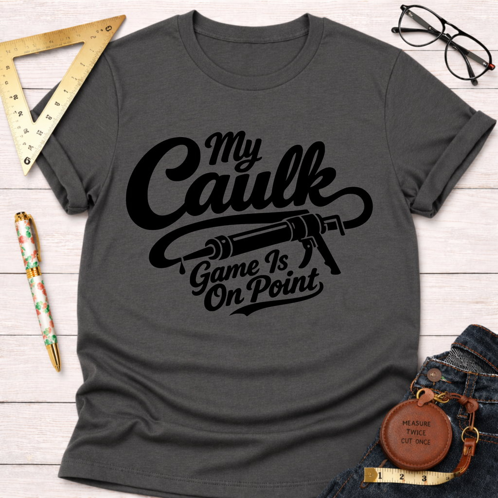 Dark gray cotton t-shirt with "My Caulk Game Is On Point" graphic featuring a caulk gun.