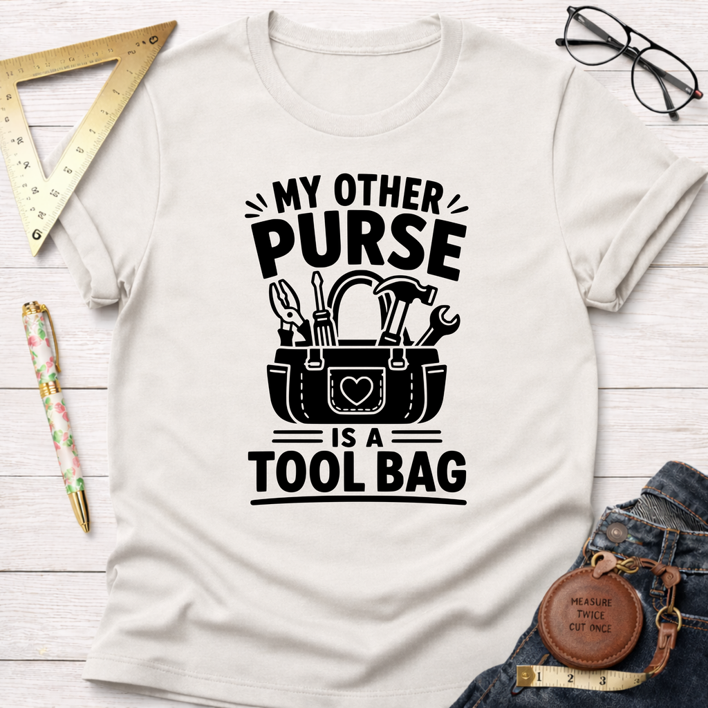Cream t-shirt with "My Other Purse Is a Tool Bag" text and tool bag graphic.