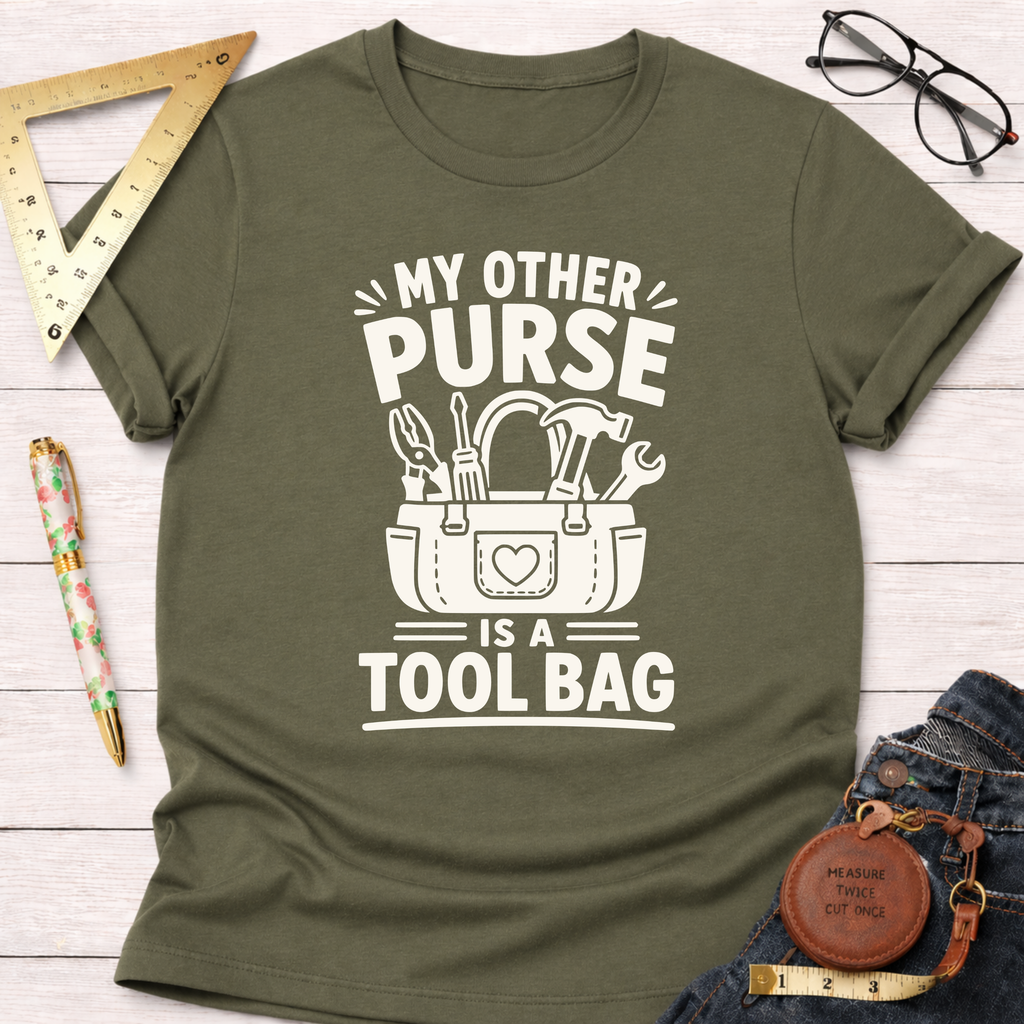 Olive green t-shirt with "My Other Purse Is a Tool Bag" design featuring a white tool bag graphic.